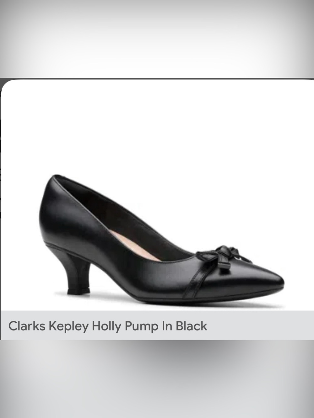 Clarks Black Low Heel Pump with Front Bow.